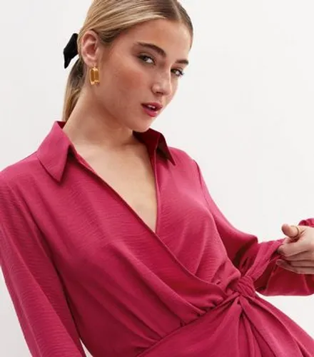 Pink Collared Long Sleeve Mini Wrap Dress New Look