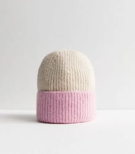 Pink Contrast Ribbed Knit Beanie New Look
