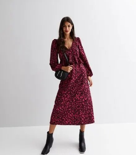 Pink Leopard Print V Neck Ruffle Long Sleeve Midi Dress New Look