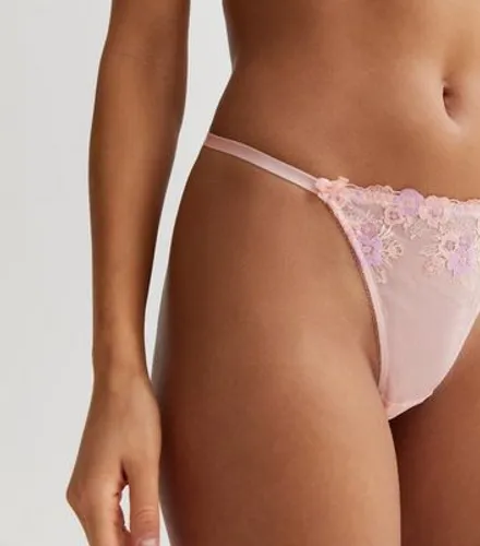 Pink Metallic Floral Embroidered Mesh Bow Thong New Look