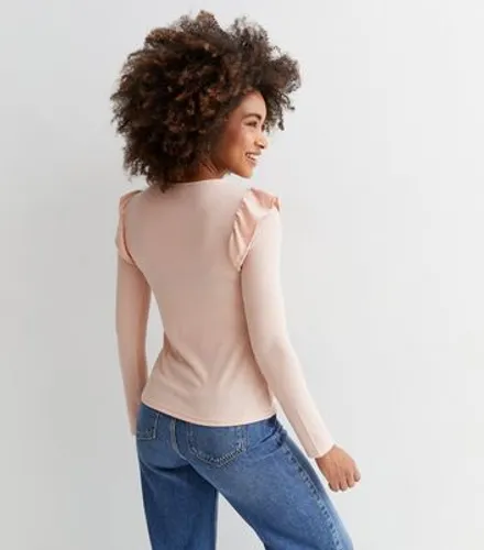Pink Ribbed Knit Long Frill Sleeve Top New Look