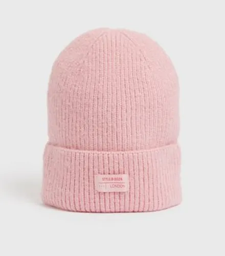 Pink Ribbed Knit Tab Front Beanie New Look