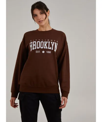 Pink Vanilla Womens Brooklyn Slogan Oversized Sweater - Chocolate Cotton