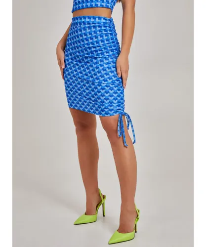 Pink Vanilla Womens Geometric Print Gathered Mini Skirt - Blue