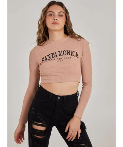 Pink Vanilla Womens Long Sleeve Santa Monica Varsity Top - Stone