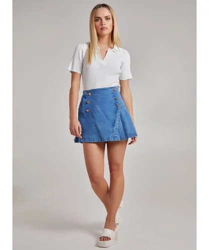 Pink Vanilla Womens Pleated Button Detail Denim Skirt - Blue Cotton