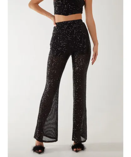 Pink Vanilla Womens Sequin Flared Trousers - Black