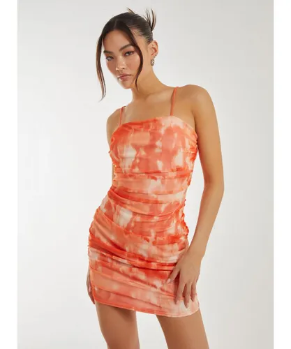Pink Vanilla Womens Strappy Marble Print Mini Dress - Orange