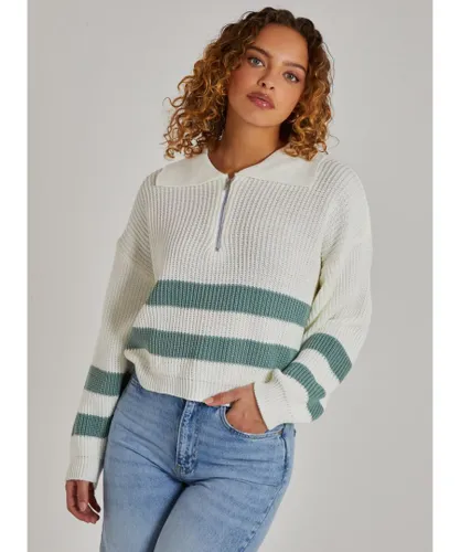 Pink Vanilla Womens Striped Zip Up Knitted Jumper - Ivory
