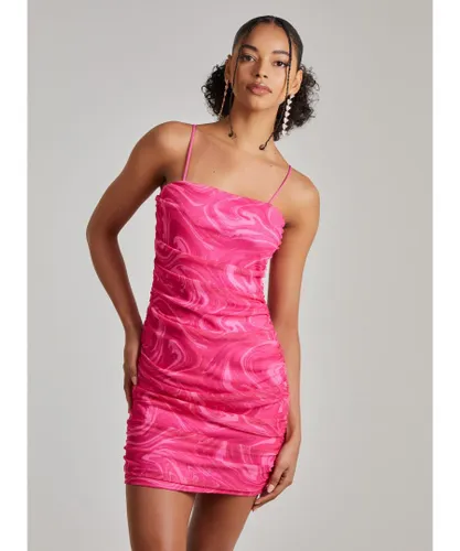 Pink Vanilla Womens Swirl Print Mesh Strappy Ruched Dress