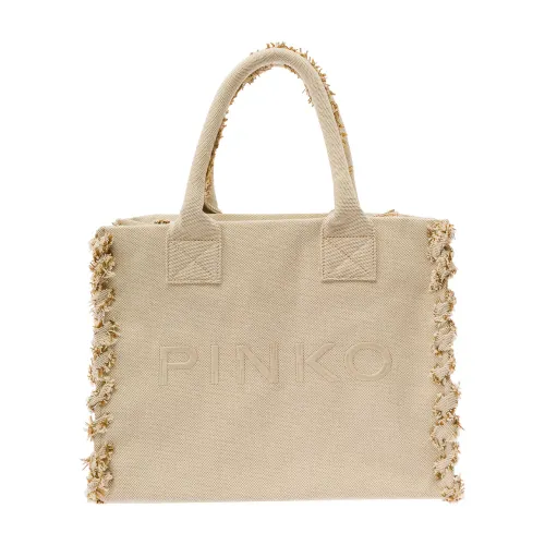 Pinko , Beige Canvas Beach Shopping Bag ,Beige female, Sizes: ONE SIZE