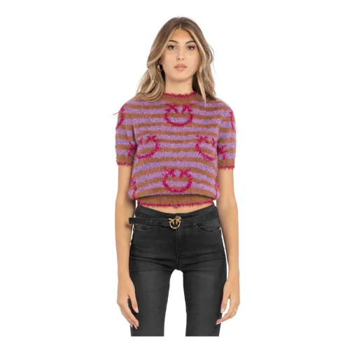 Pinko , Beige Lurex Sweater with Love Birds Design ,Beige female, Sizes: