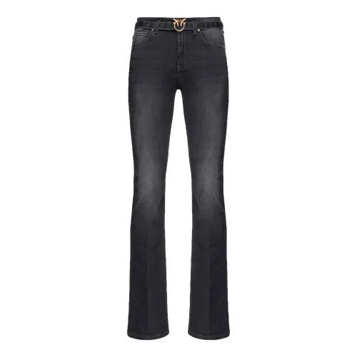Pinko , Black Flare-Fit Jeans with Love Birds Embroidery ,Black female, Sizes: