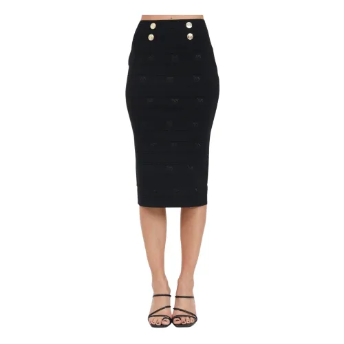 Pinko , Black Longuette Skirt with Love Birds Embroidery ,Black female, Sizes: