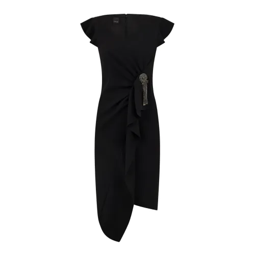 Pinko , Black Midi Dress with V-Neck ,Black female, Sizes: