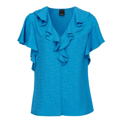Pinko , Blue Jacquard Logo Shirt with Ruffles ,Blue female, Sizes: