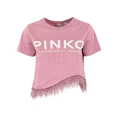 Pinko , Feather Hem Long Sleeve T-shirt ,Pink female, Sizes: