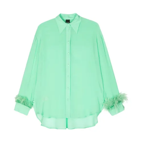 Pinko , Green Georgette Shirt with Feather-Trim Detailing ,Green female, Sizes: