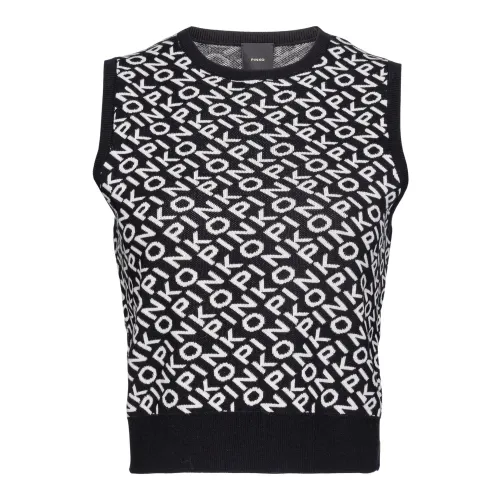 Pinko , Jacquard Knit Vest with Logo Motif ,Black female, Sizes: