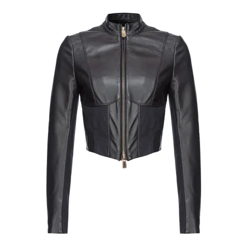 Pinko , Leather and Fabric Biker Jacket ,Black female, Sizes: