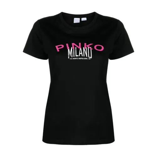 Pinko , Logo Print Crew Neck T-shirts and Polos ,Black female, Sizes: