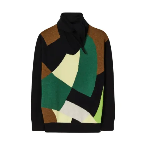 Plan C , Color Block Turtleneck with Attached Scarf ,Black female, Sizes:
