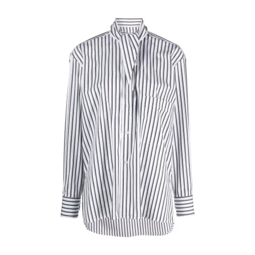 Plan C , Oversized Striped Cotton Shirt with Scarf ,White female, Sizes: