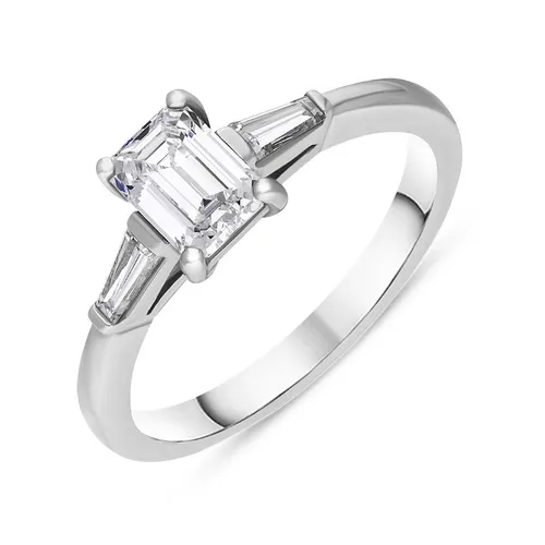 Platinum Diamond Emerald and Tapered Baguette Cut Three Stone Ring - M