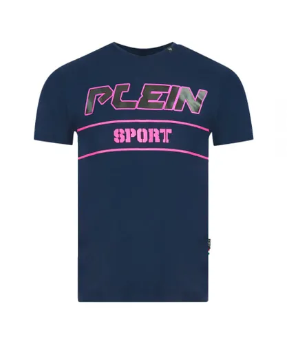 Plein Sport Mens Block Pink Logo Navy Blue T-Shirt Cotton