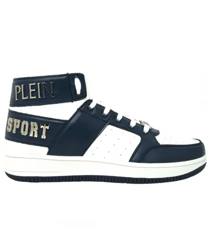 Plein Sport Mens Hi-Top Bold Brand White and Navy Sneakers Synthetic Leather