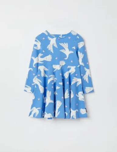 Polarn O. Pyret Girls Cotton Rich Swan Print Dress (1-10 Yrs) - 7-8 Y - Blue Mix, Blue Mix