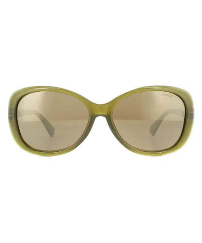 Polaroid Butterfly Womens Olive Grey Gold Mirror Polarized Sunglasses - Green - One