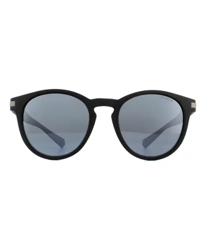 Polaroid Round Mens Matte Black Silver Mirror Polarized Sunglasses - One