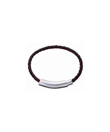 Police Mens : "Close" Brown Leather Wrist Band - Silver - One Size