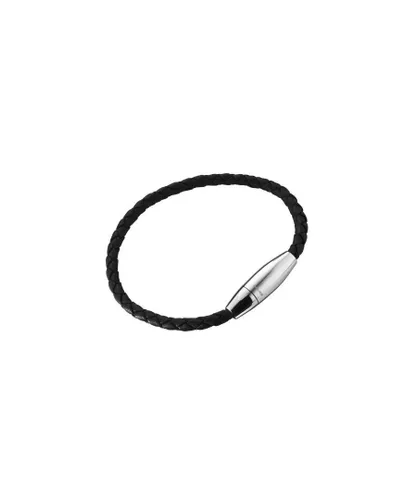 Police Mens : "GLOW" Black Leather Wrist Band - Silver - One Size