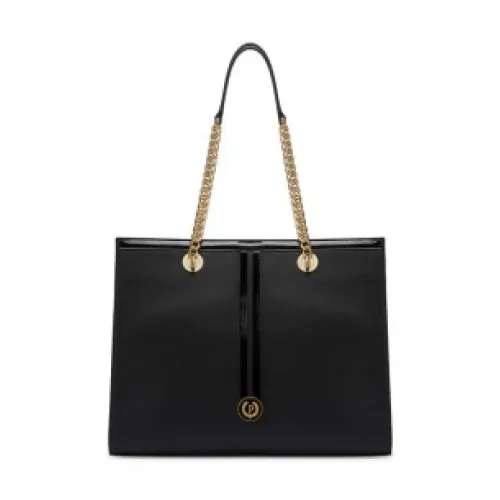 Pollini , Black Shoulder Bag with Patent Inserts and Gold Metal Logo ,Black female, Sizes: ONE SIZE