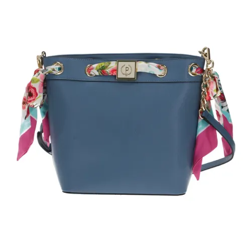 Pollini , Blue Bucket Bag with Adjustable and Detachable Shoulder Strap and Floral Scarf ,Blue female, Sizes: ONE SIZE