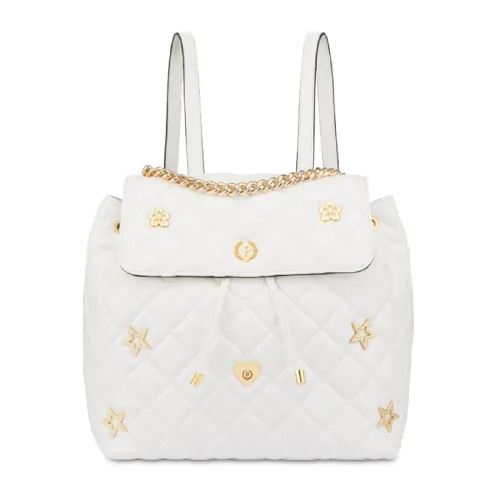 Pollini , Quilted White Glossy Backpack with Golden Metal Details ,White female, Sizes: ONE SIZE