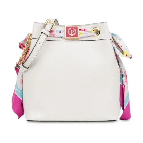 Pollini , White Bucket Bag with Adjustable and Detachable Shoulder Strap and Floral Scarf ,White female, Sizes: ONE SIZE