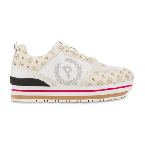 Pollini , White Calfskin Sneakers with Suede and Ivory PVC Details