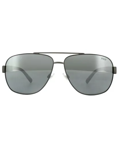 Polo Ralph Lauren Aviator Mens Semi Shiny Dark Gunmetal Silver Mirror Sunglasses - Grey - One