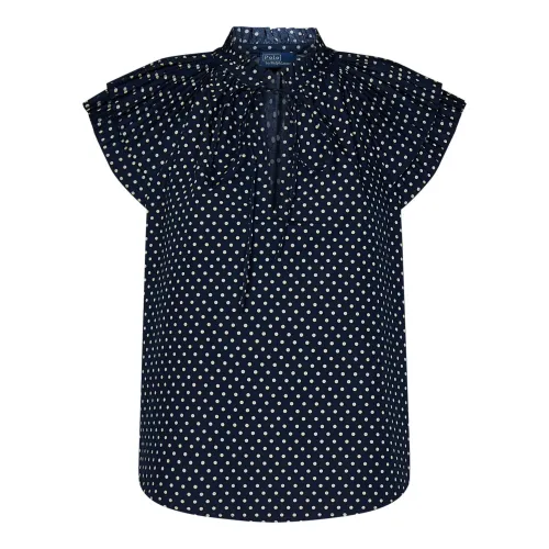 Polo Ralph Lauren , Blue Polka Dot V-Neck Shirt with Ruffled Sleeves ,Blue female, Sizes:
