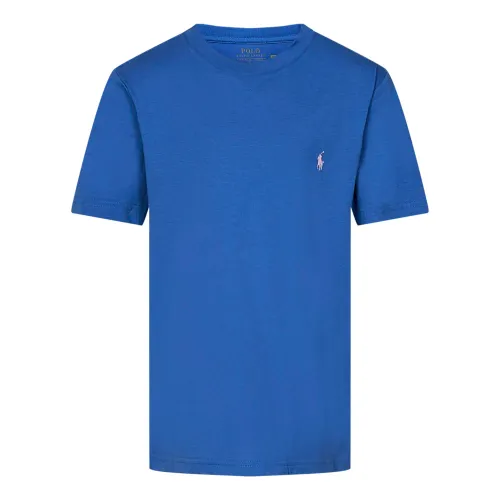 Polo Ralph Lauren , Blue Ribbed Crew Neck T-shirts and Polos with Pony Embroidery ,Blue male, Sizes:
