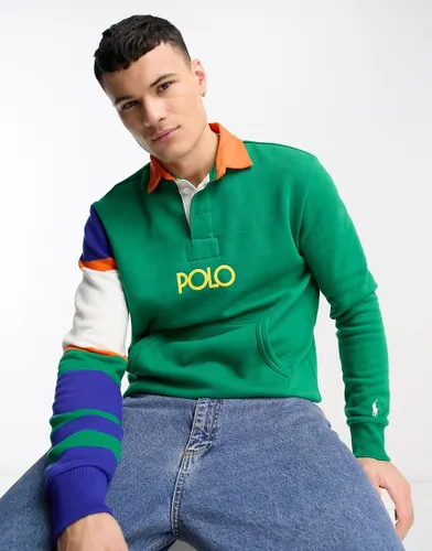 Polo Ralph Lauren central logo stripe sleeve sweat rugby polo in green multi