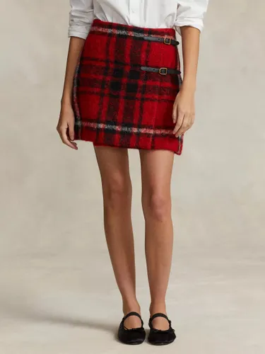 Polo Ralph Lauren Leather Trim Wool Blend Plaid Wrap Mini Skirt, Red/Multi - Red/Multi - Female