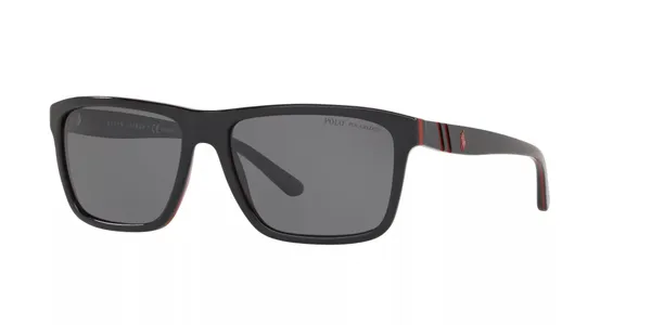 Polo Ralph Lauren PH4153 Men's Polarised Square Sunglasses, Black/Red - Black/Red - Male