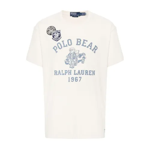 Polo Ralph Lauren , Printed White T-shirt with Logo Patch and Polo Bear Print ,White male, Sizes: