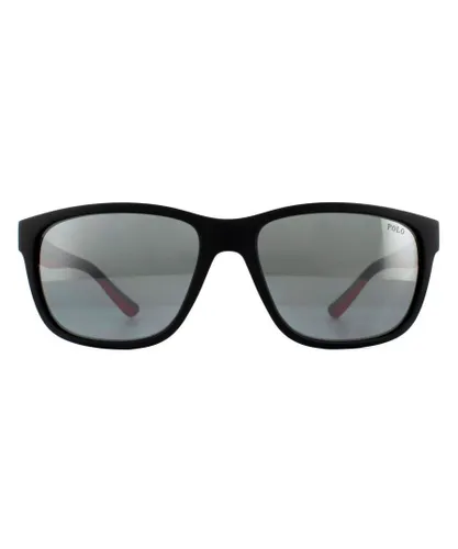 Polo Ralph Lauren Rectangle Mens Matte Black Silver Mirror Sunglasses - One
