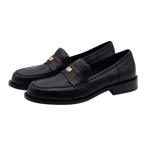 Pomme D'or , Black Leather Loafer with Golden Button Detail ,Black female, Sizes: