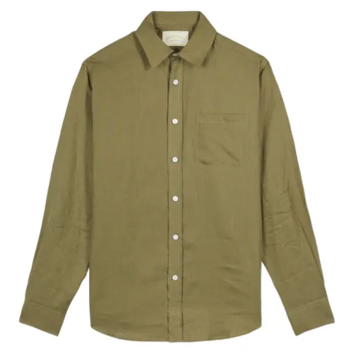Portuguese Flannel , Olive Linen Shirt with Cutaway Collar ,Green male, Sizes: